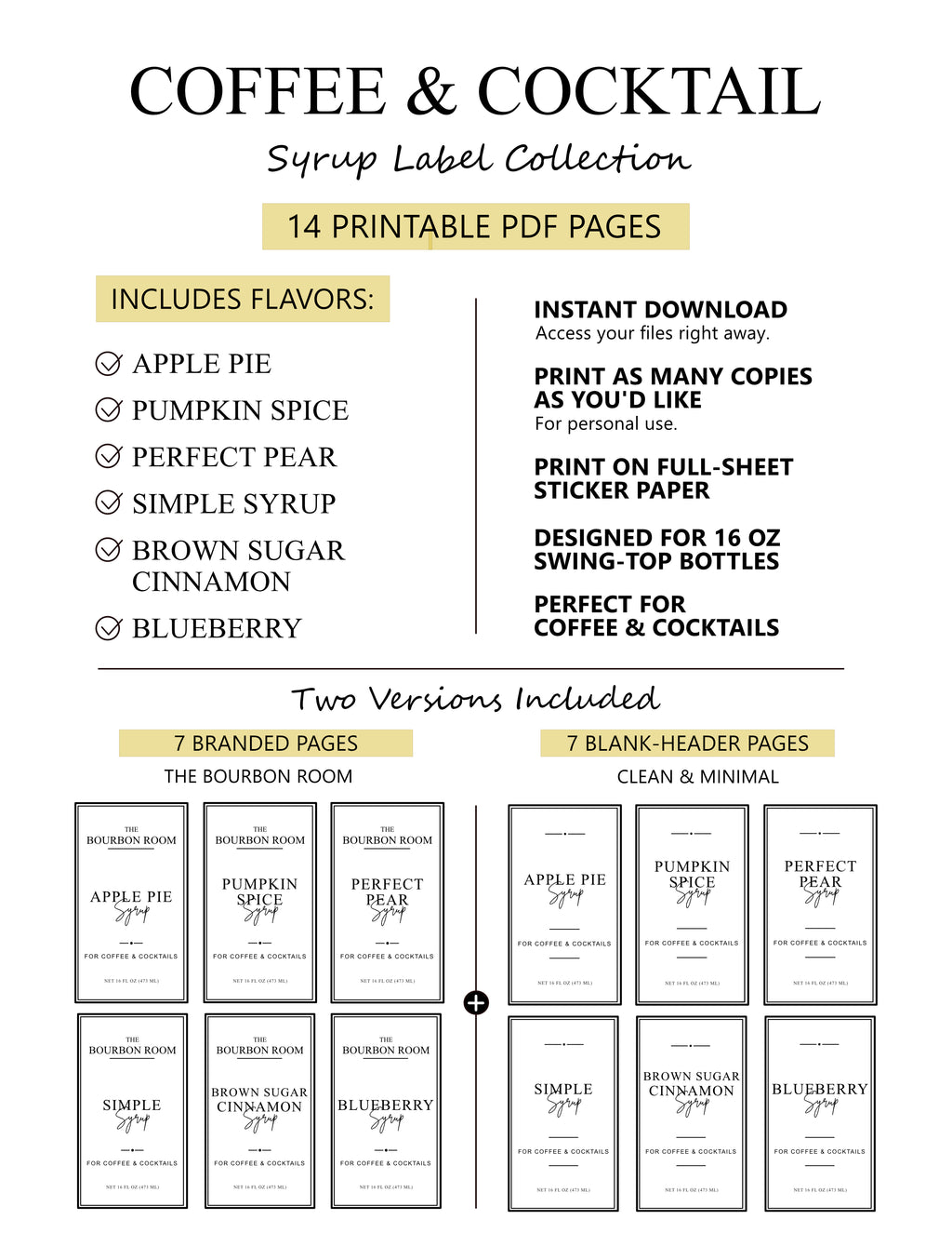 Coffee & Cocktail Syrup Label Collection (Printable PDF)