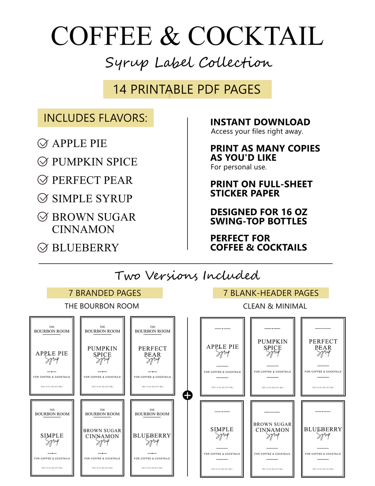 Coffee & Cocktail Syrup Label Collection (Printable PDF)